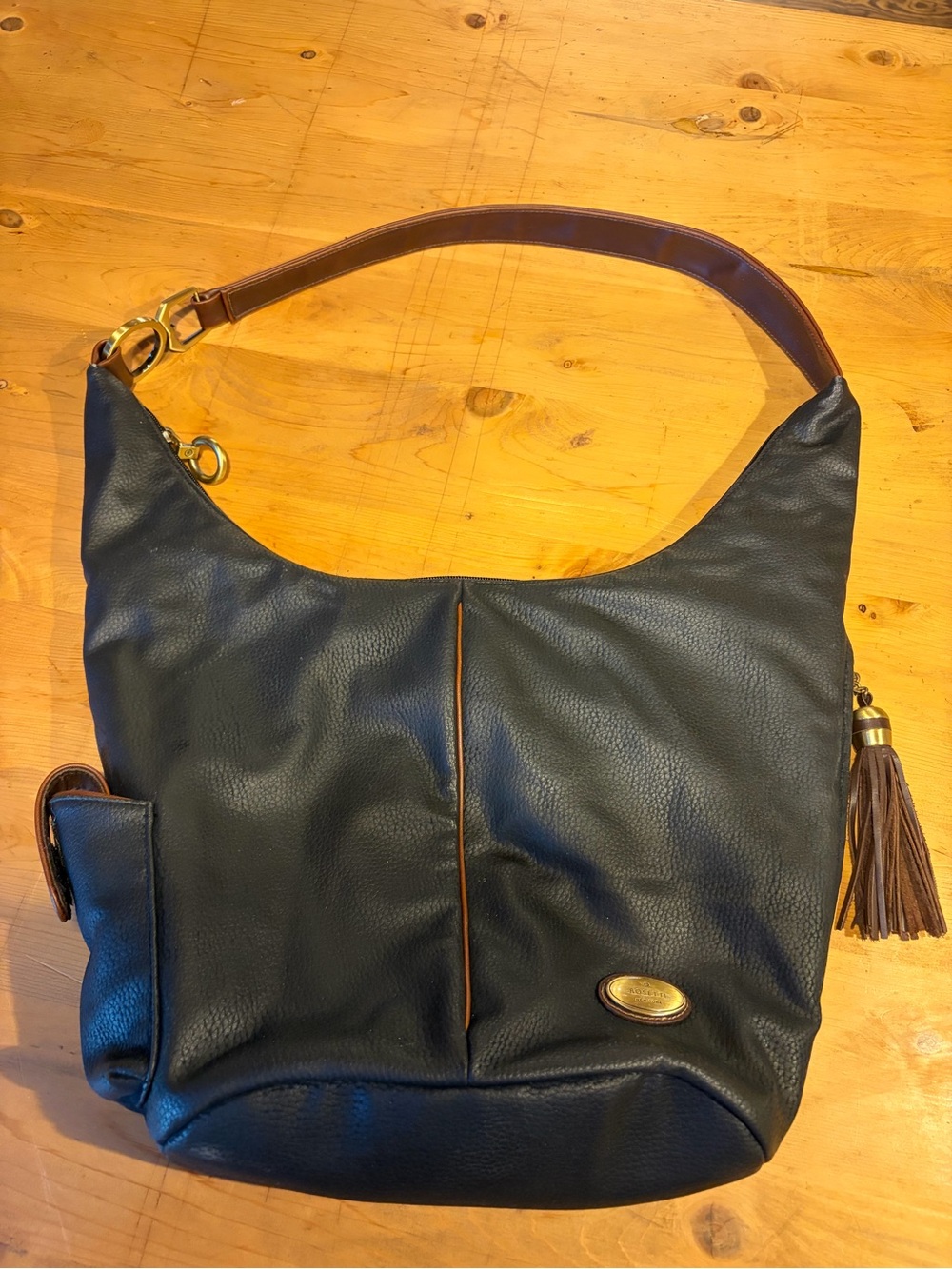 Vintage Rosetti Black Faux Leather Shoulder Bag with Brown Trim and Tassel
